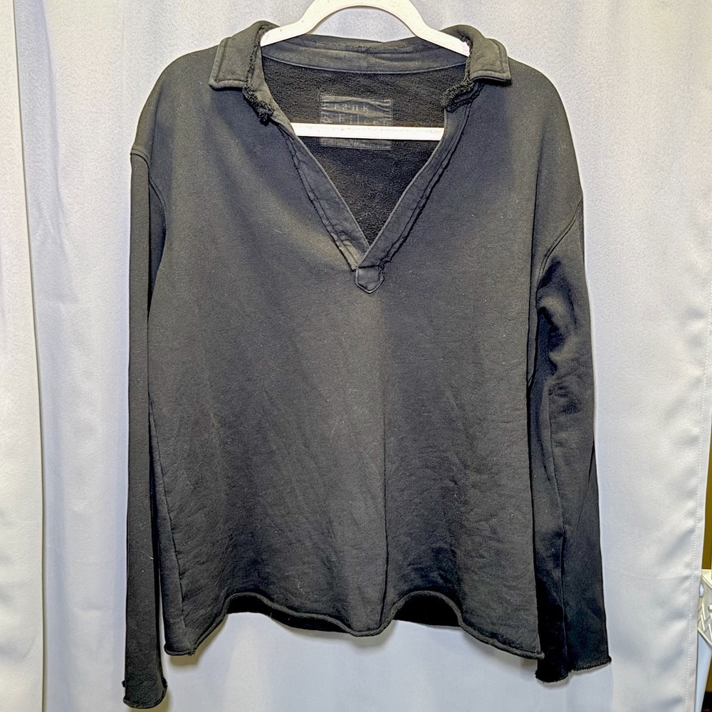Frank & Eileen Patrick Popover Henley Collared V-neck Raw Rolled Hem Black Sz L